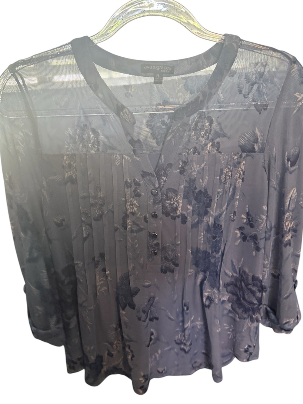 Ava & Grace Navy Floral Jacquard Button-Front Blouse
